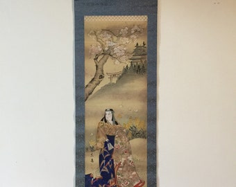 T1727 Japanese Vintage Hanging Scroll KAKEJIKU Hand Paint Silk Kimono Man