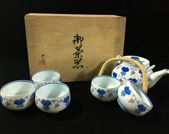 O1221 Vintage Japanischer Porzellan Teeset Teekanne Yunomi Tasse Holz Box Signiert