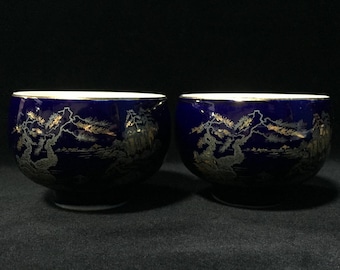 O1675 Vintage Japanse kobaltblauwe theekop set 2 porseleinen gouden dennenboom Yunomi