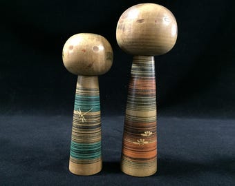 J1105 Japanese Vintage Kokeshi Doll Wood Carved Folk Art Yamanaka Sanpei 2pc