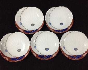 J0237 Japanskt porslin, tallrikar, 5-delat set, vintage signerat porslin, design