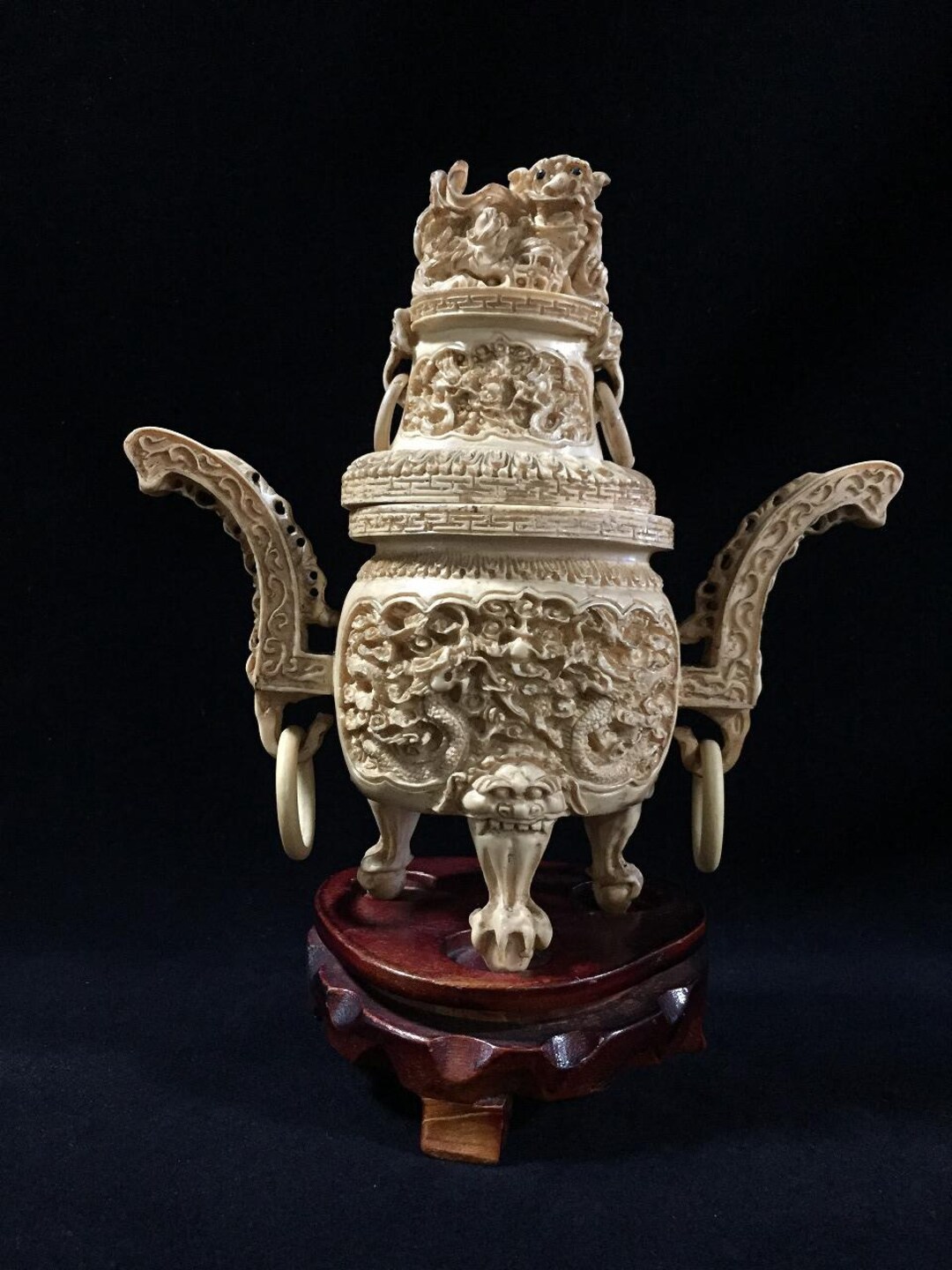 N0380 ヴィンテージ 中国製 蓋付き香炉 模造彫刻骨樹脂製像 - Etsy 日本