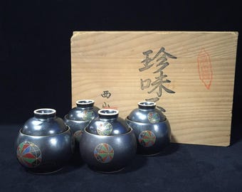 S1326 Vintage japońskie ceramiczne miski z pokrywką w stylu temari, pudełko z drewna chinmi, 4 szt.