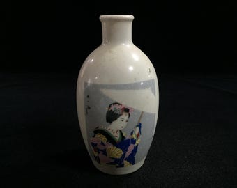 L0266 Vintage Japanische Geisha Kunst Sake Flasche Signiert Porzellan Tokkuri