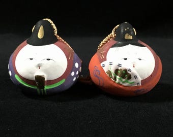 J0799 Japanese Vintage Clay Bell Dorei Hina Dolls Set Girls Day Zen Hina Matsuri