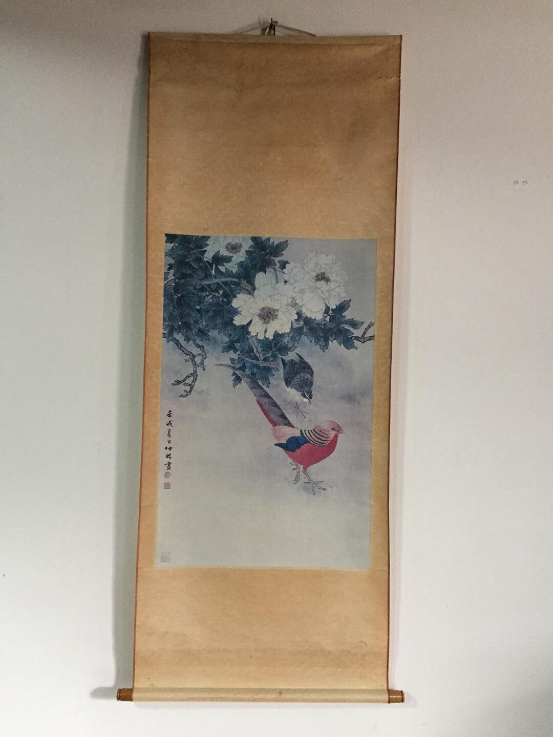 L1579 Vintage Japanese Pheasant Peony Flower Bird Hanging Scroll