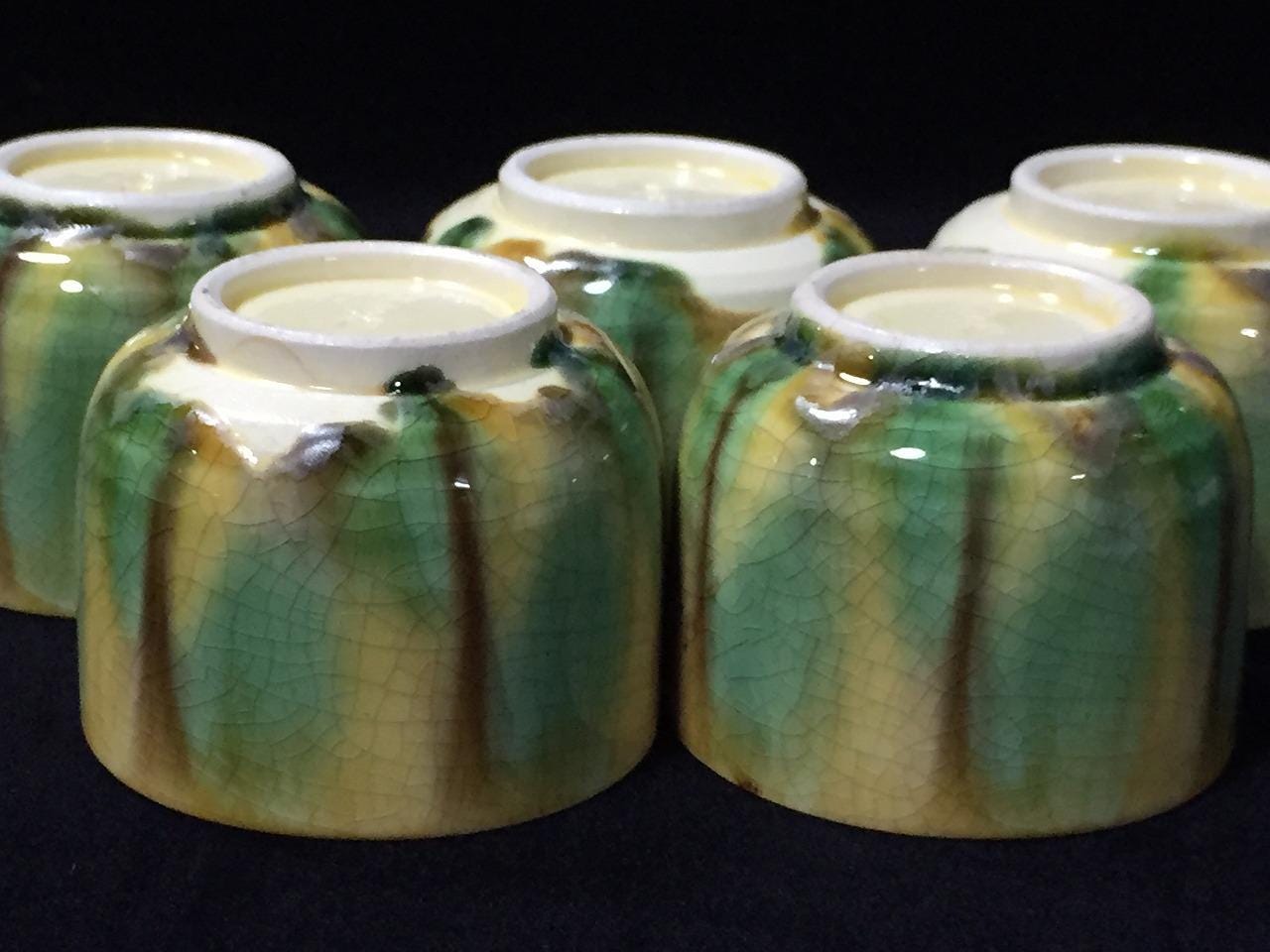 O0288 ヴィンテージ日本製陶器湯呑みカップ5客セット 緑釉 貫入釉 