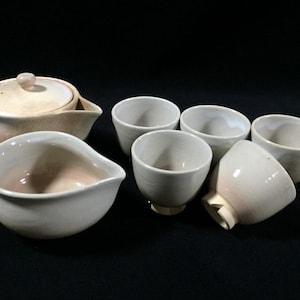 M0845 Servizio da tè Sencha vintage Hagi Ware, teiera e tazza in ceramica giapponese, firmato.