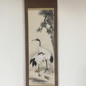 L1233 Rotolo giapponese d'epoca appeso KAKEJIKU dipinto a mano su carta Gru Pino