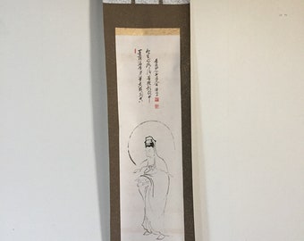 U0118 Japanese Vintage Hanging Scroll KAKEJIKU Hand Paint Paper Kannon God Kanji