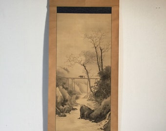 T1772 Rouleau suspendu vintage japonais KAKEJIKU, peinture à la main, paysage en soie