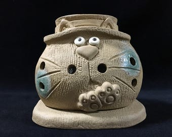 J1855 Japanische Vintage Katze Kerzenhalter Terrakotta Keramik Duftlampe