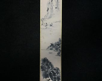 M0569 Dipinto paesaggistico giapponese vintage sumi e su tavola Tanzaku stretta