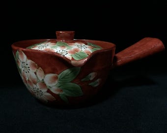 O0776 Vintage Japanese Green Tea Pot Kyusu Sakura Cherry Blossom Pottery