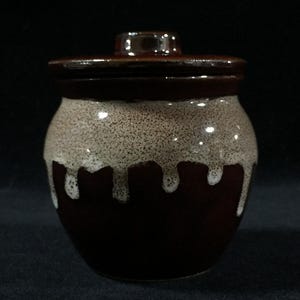 J0770 Vintage japansk Mingei-burk med lock brun vit droppglasyr keramik keramik