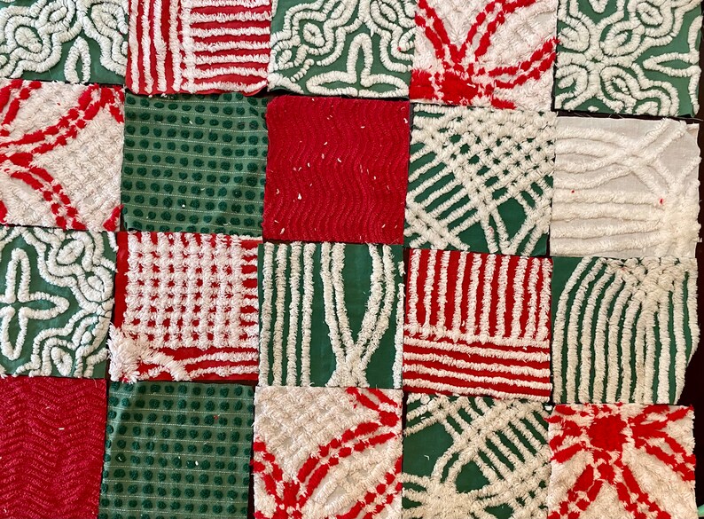 Vintage Chenille Quilt Squares Set in Red & Green Etsy