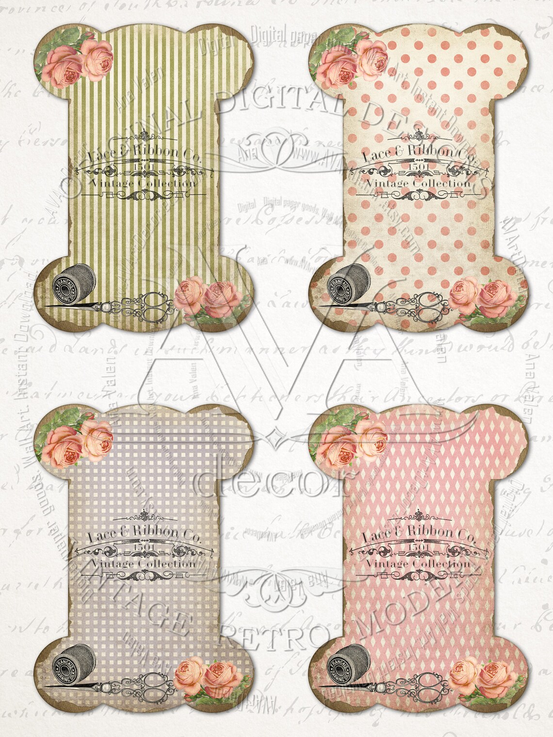 Ribbon and Lace Holders Printable Vintage Shabby Spools Etsy
