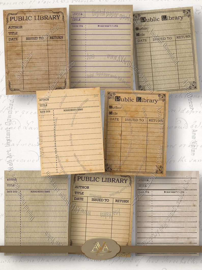 8 Vintage Library Cards Printable 3x4 in Journal cards Digital Etsy