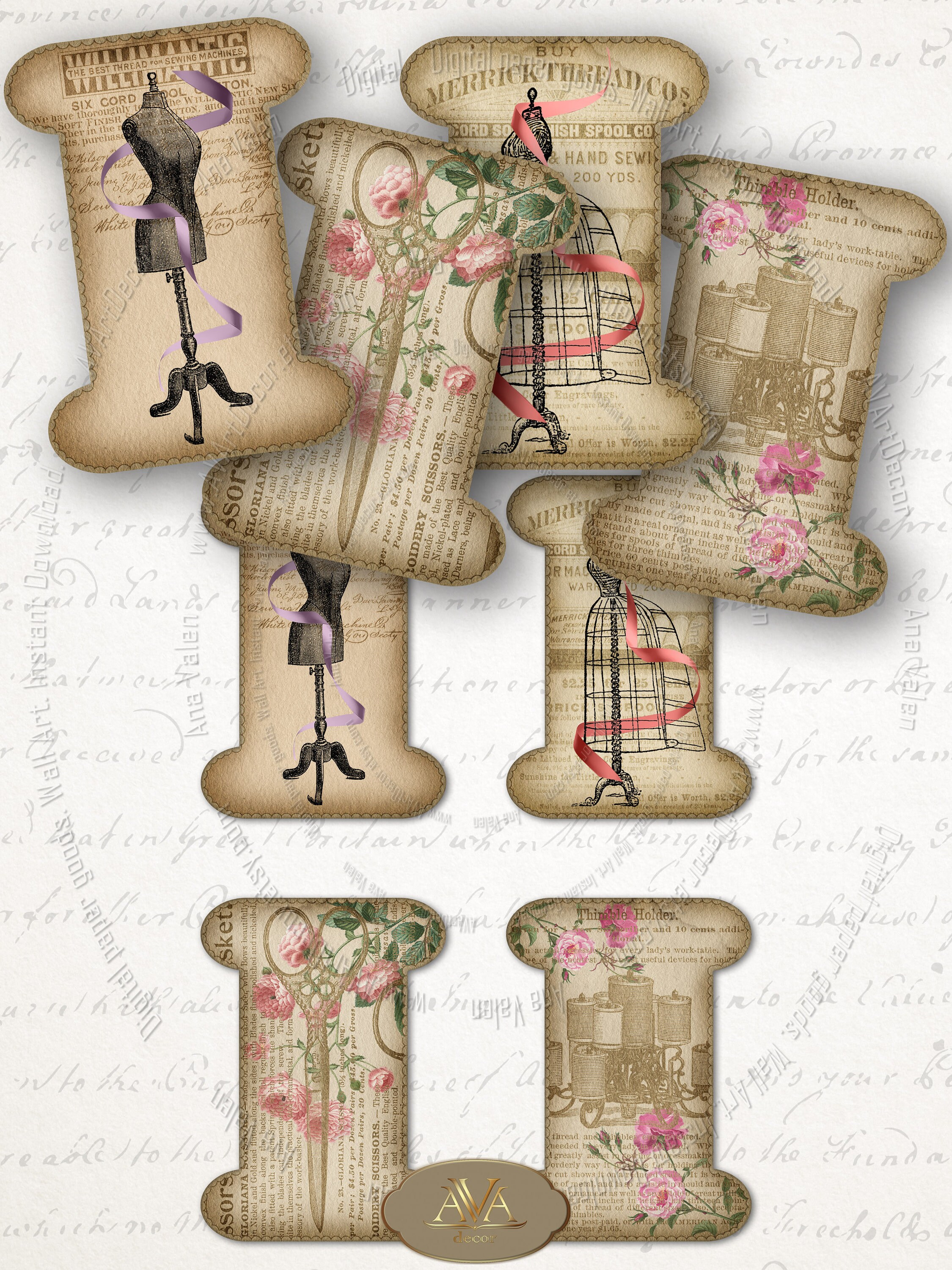 Ribbon and Lace Holders Printable Vintage Spools collage sheet Etsy
