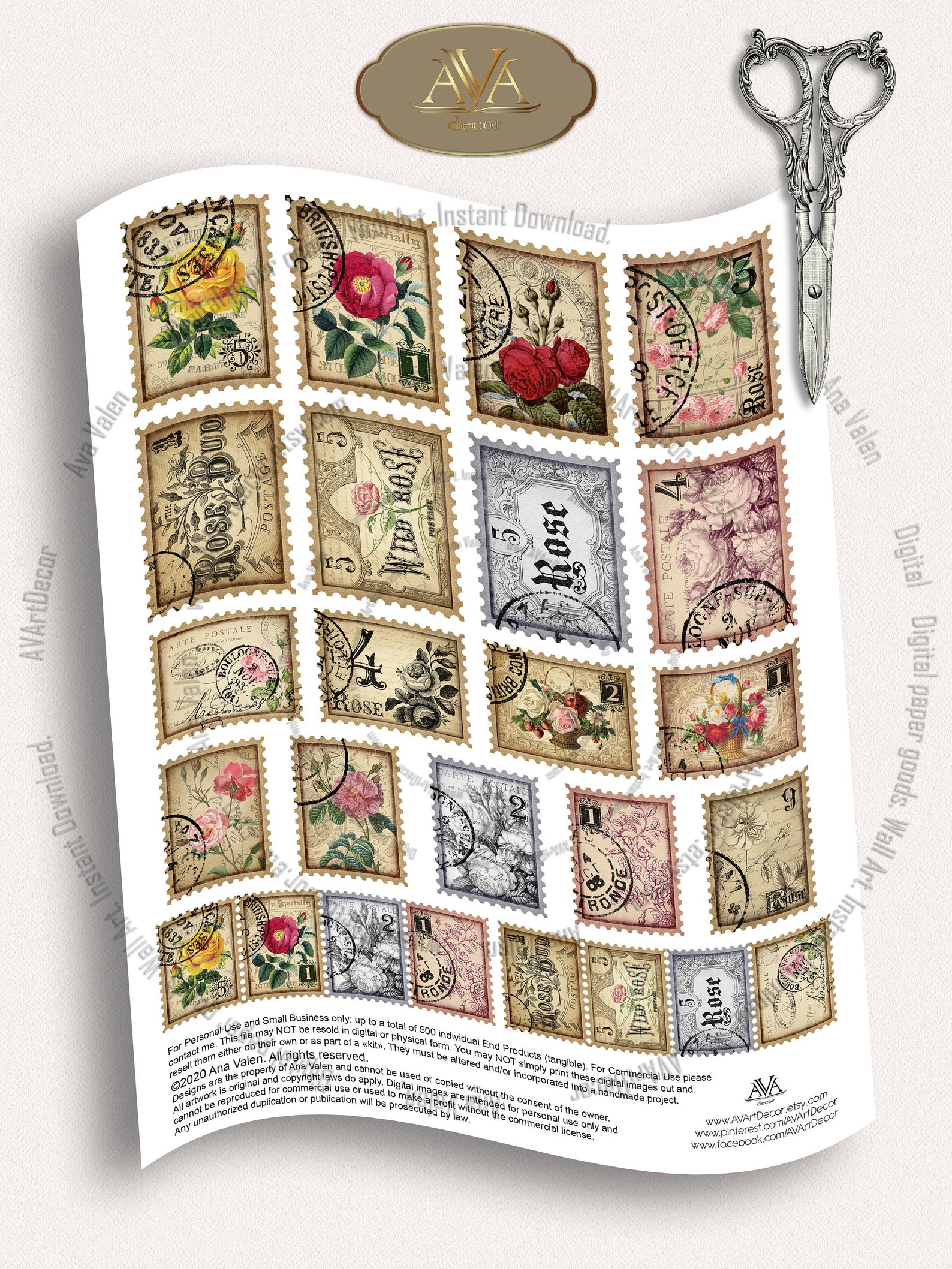 Rose Stamps Faux Printable Digital Download Vintage Rose Etsy