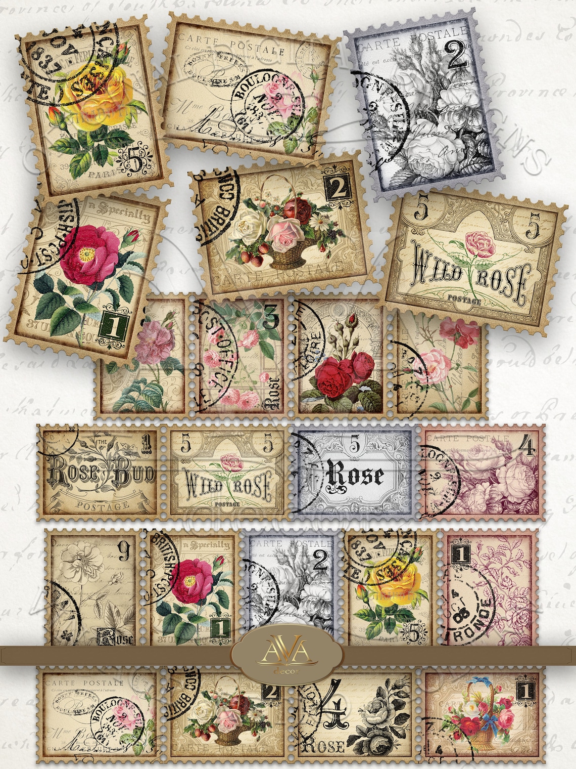 Rose Stamps Faux Printable Digital Download Vintage Rose Etsy