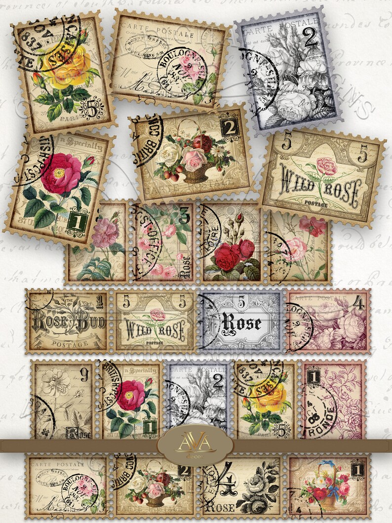 rose stamps faux printable digital download vintage rose etsy