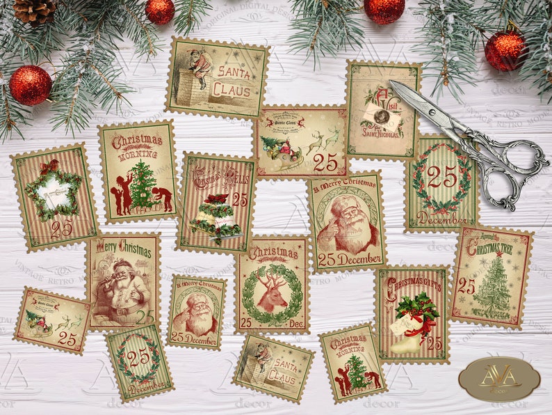 XMas Stamps Faux Printable Digital download Vintage Santa