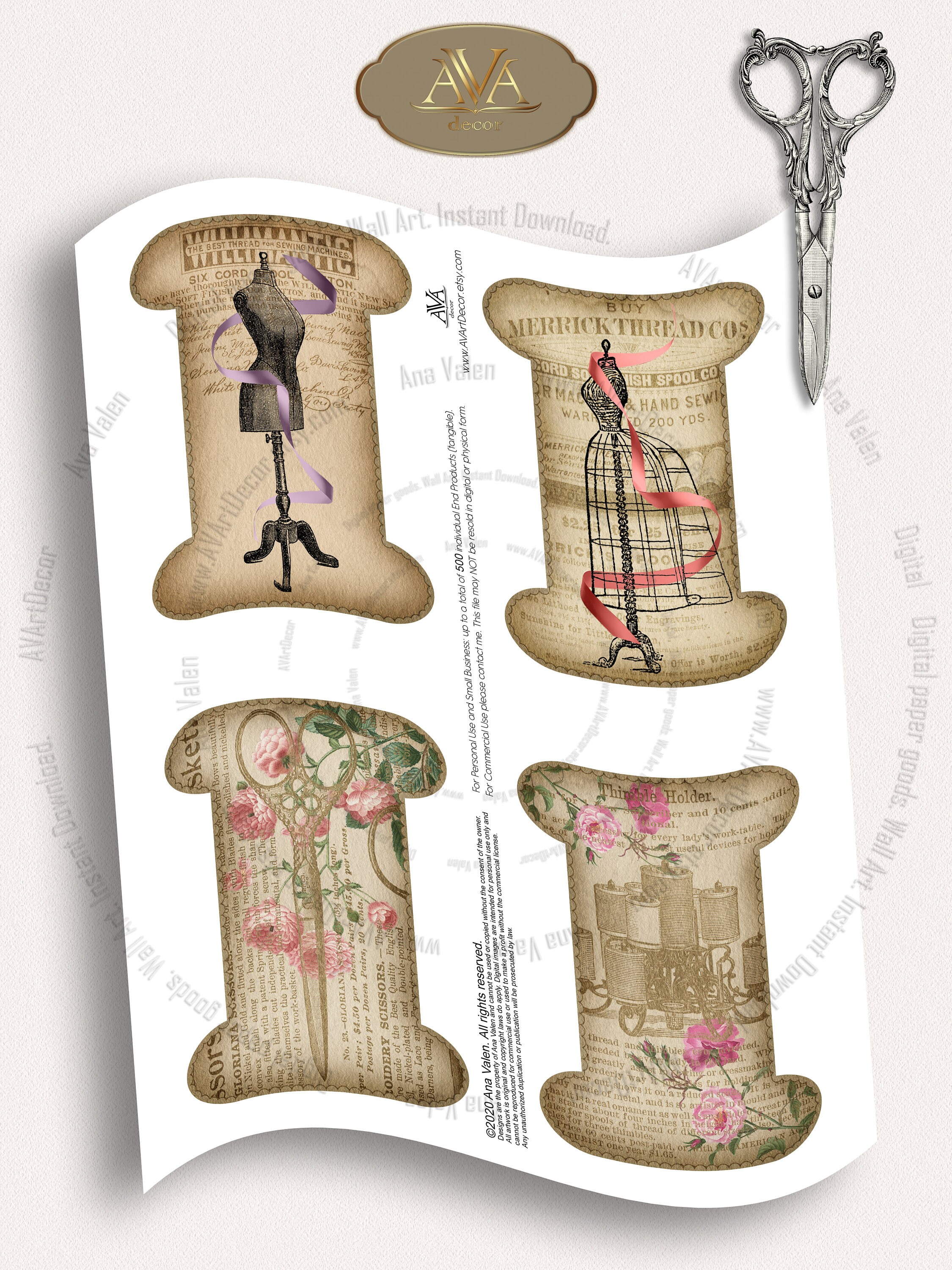 Ribbon and Lace Holders Printable Vintage Spools collage sheet Etsy