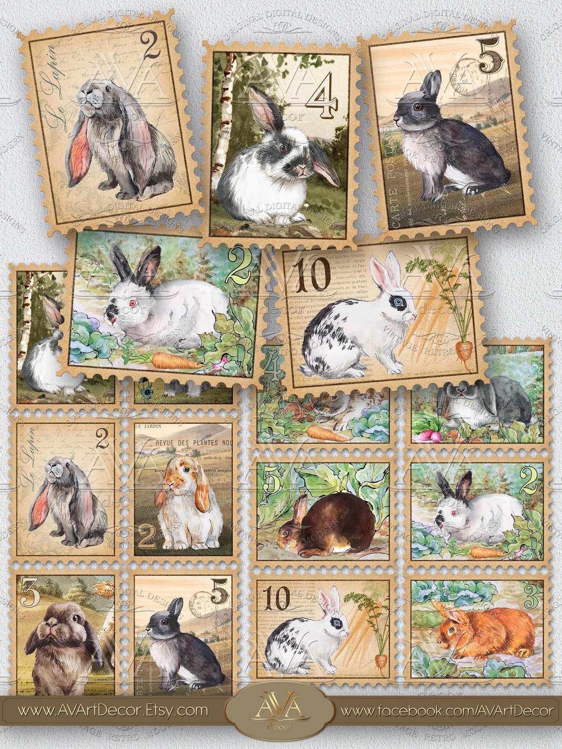 Faux Stamps Printable Rabbit Bunny Postal stamps Digital Etsy