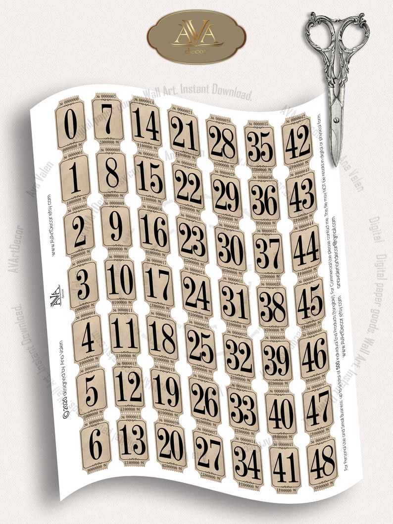 vintage tickets strips with numbers printable 085x15 in
