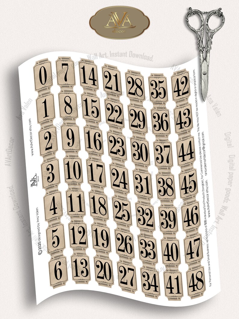 vintage tickets strips with numbers printable 085x15 in