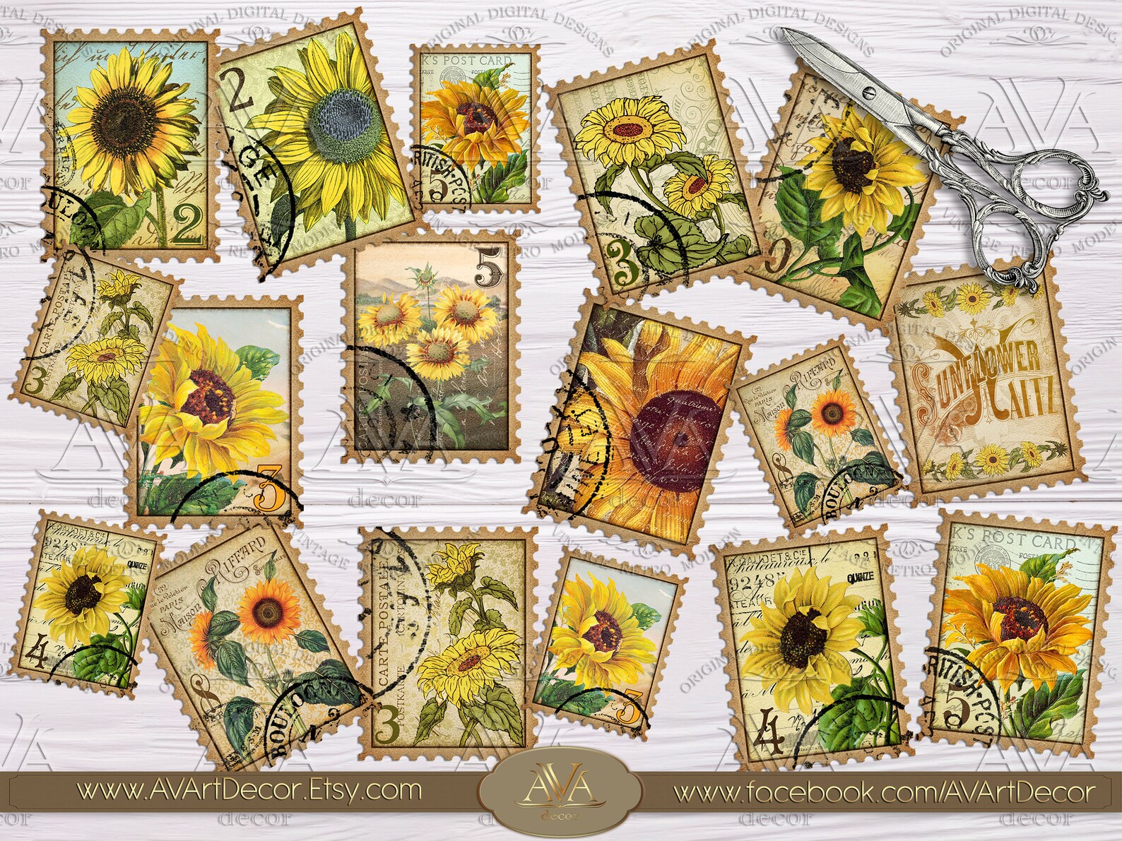 Sunflower Stamps Faux Printable Digital download Floral Postal Etsy