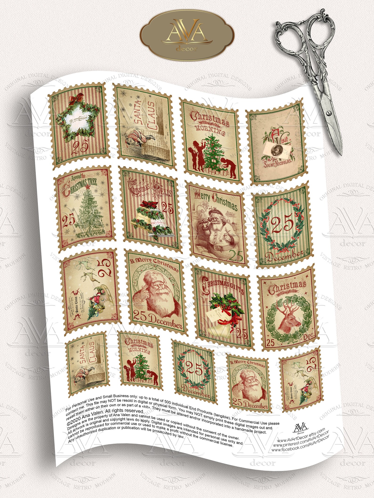 XMas Stamps Faux Printable Digital download Vintage Santa Etsy
