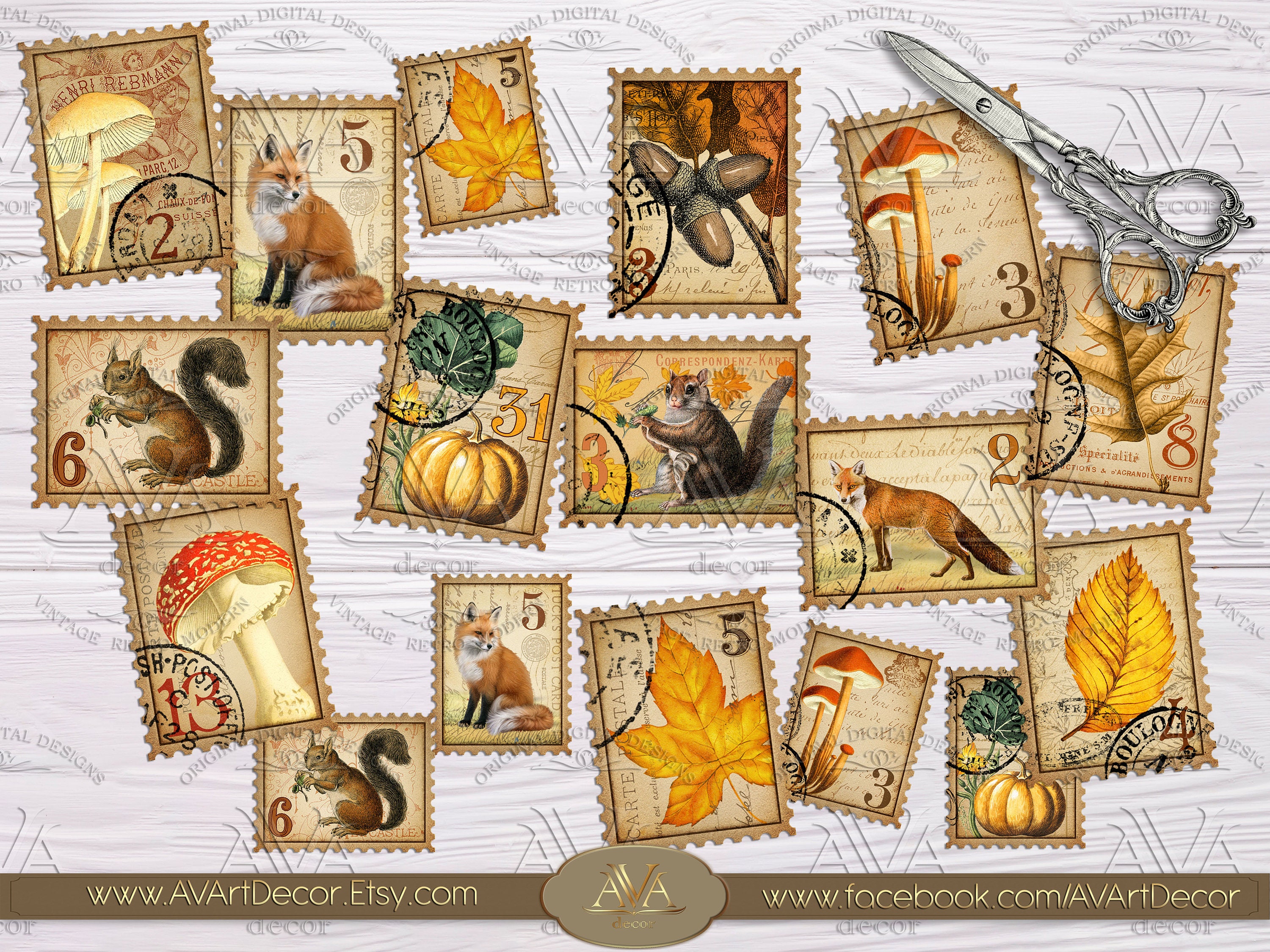 Autumn Hues Stamps Printable Digital download Fall Faux Postal Etsy