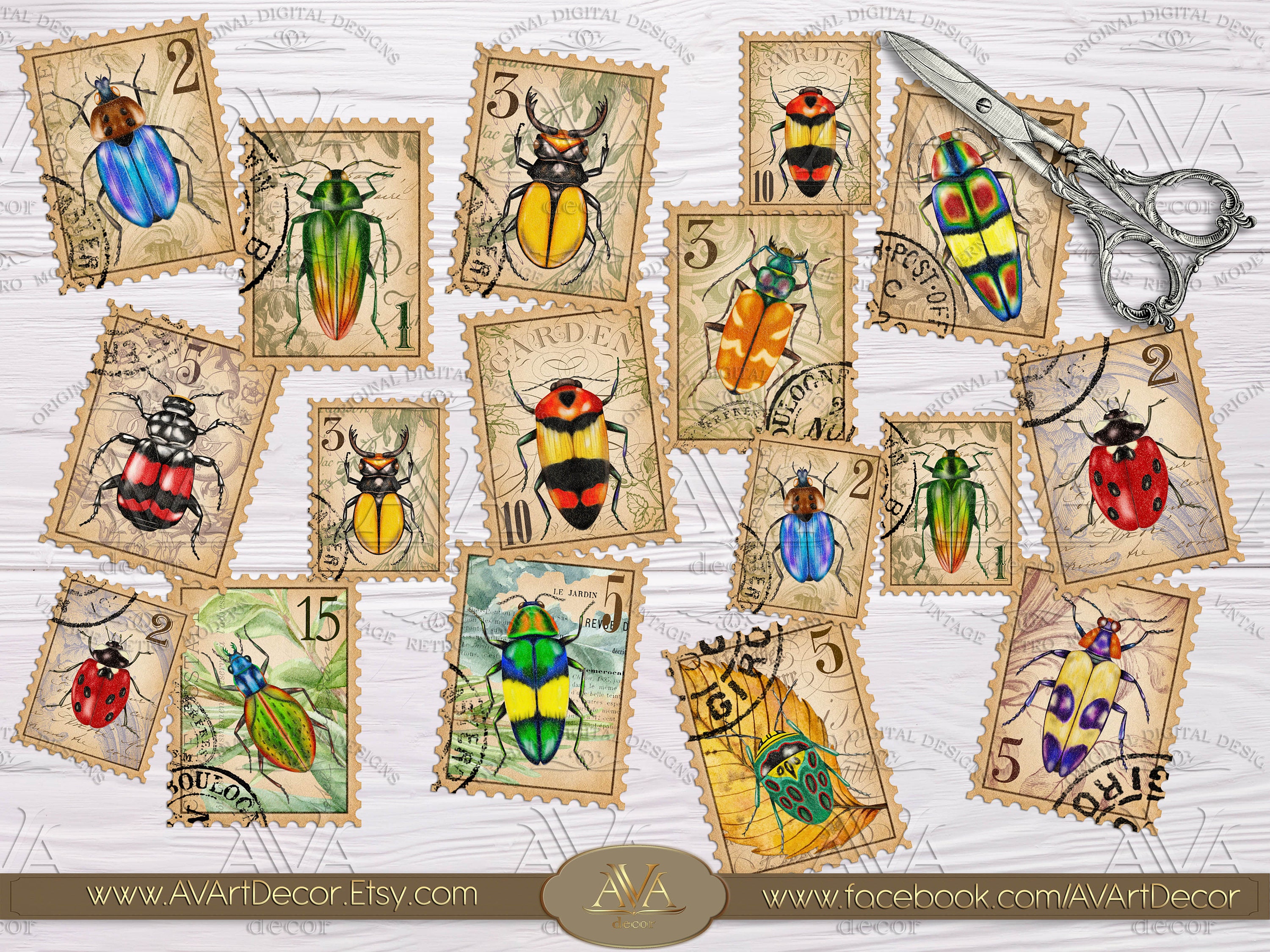 Faux Stamps Beetle Printable Bug postage stamps Digital Etsy