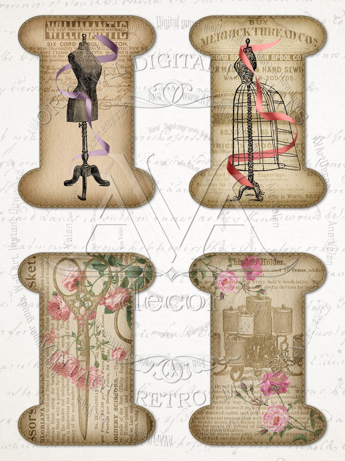 Ribbon and Lace Holders Printable Vintage Spools collage sheet Etsy