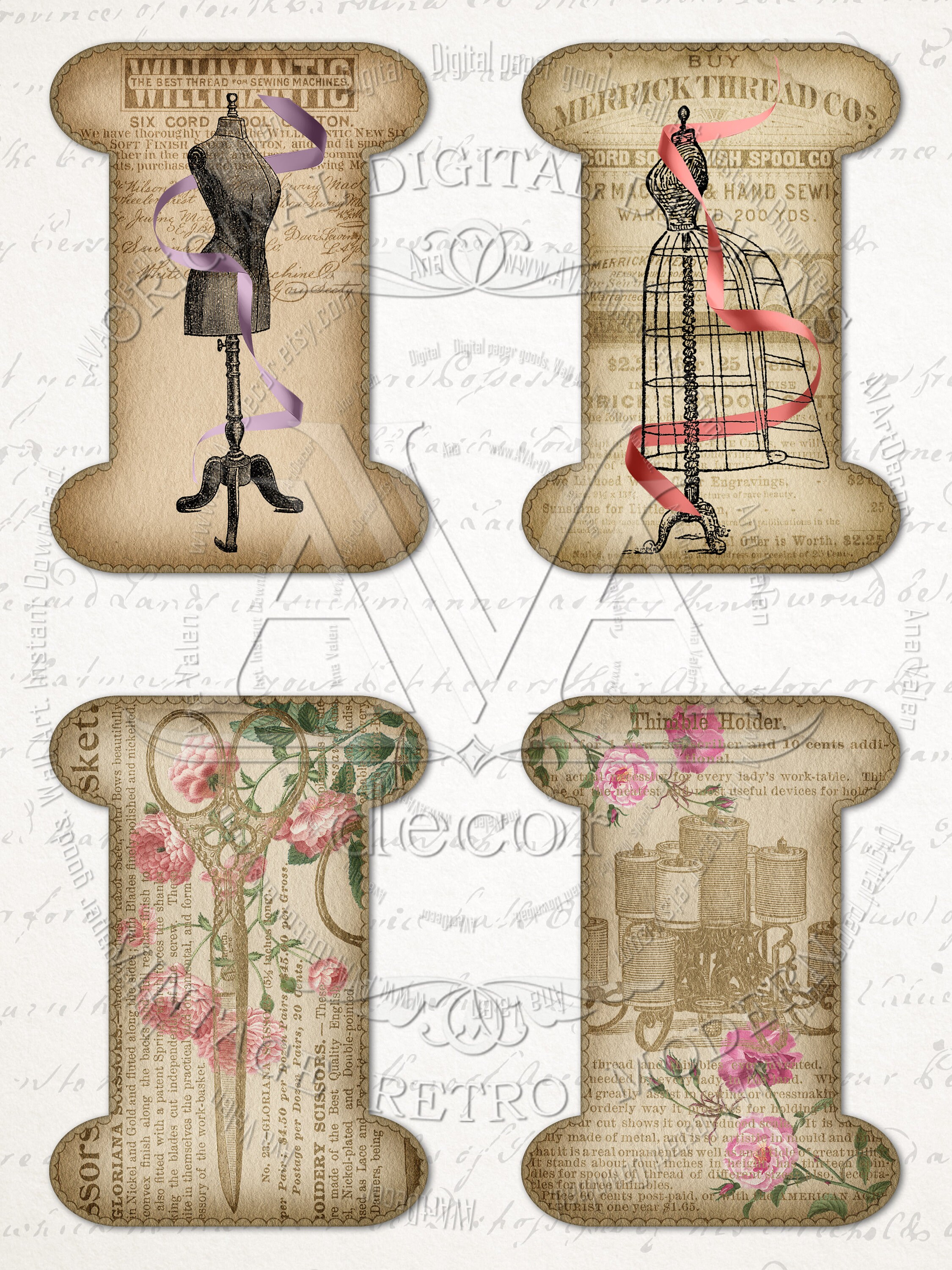 Ribbon and Lace Holders Printable Vintage Spools collage sheet Etsy