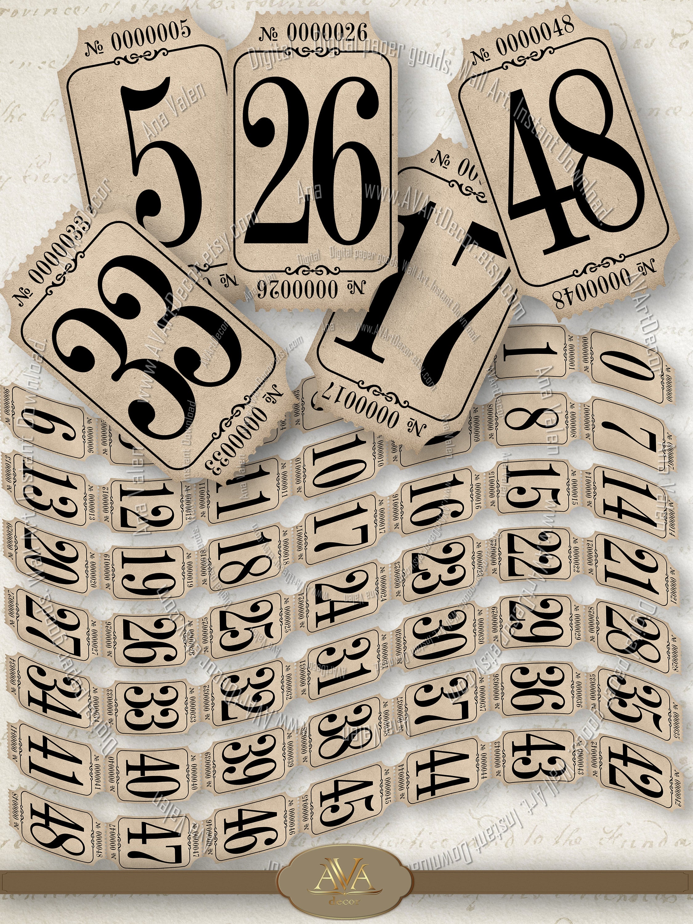 vintage tickets strips with numbers printable 0 85x1 5 in etsy
