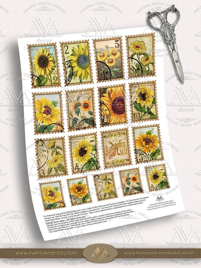 Sunflower Stamps Faux Printable Digital download Floral Postal Etsy