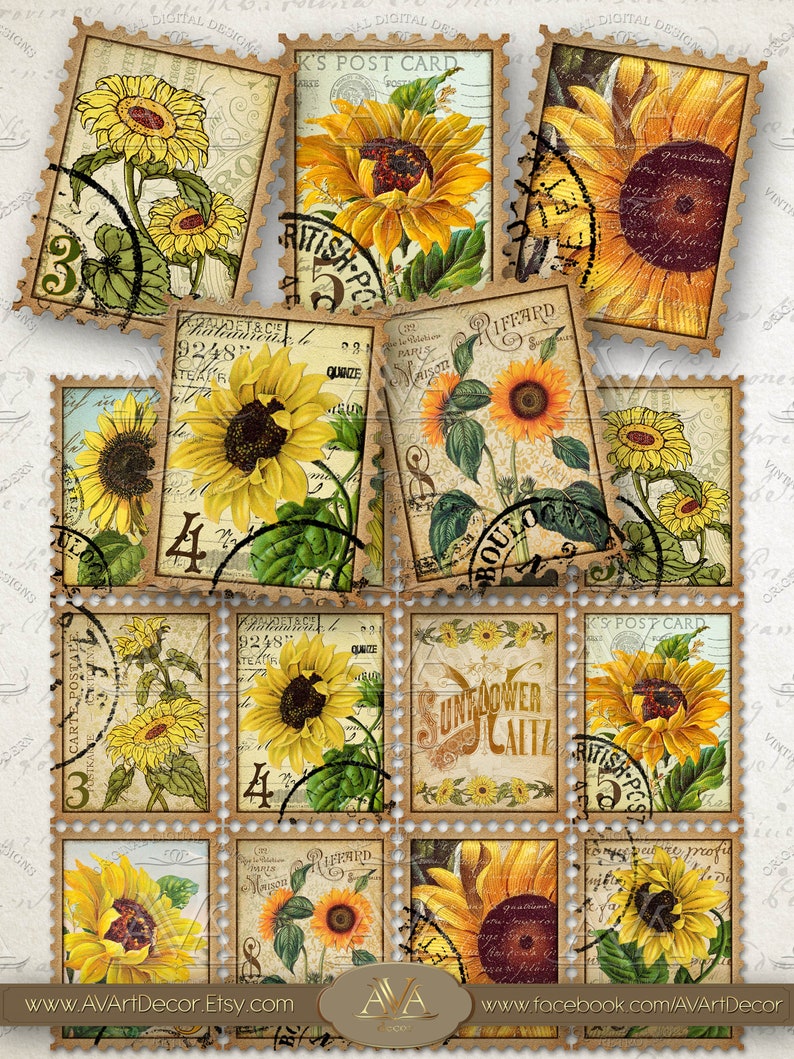 Sunflower Stamps Faux Printable Digital download Floral Postal Etsy