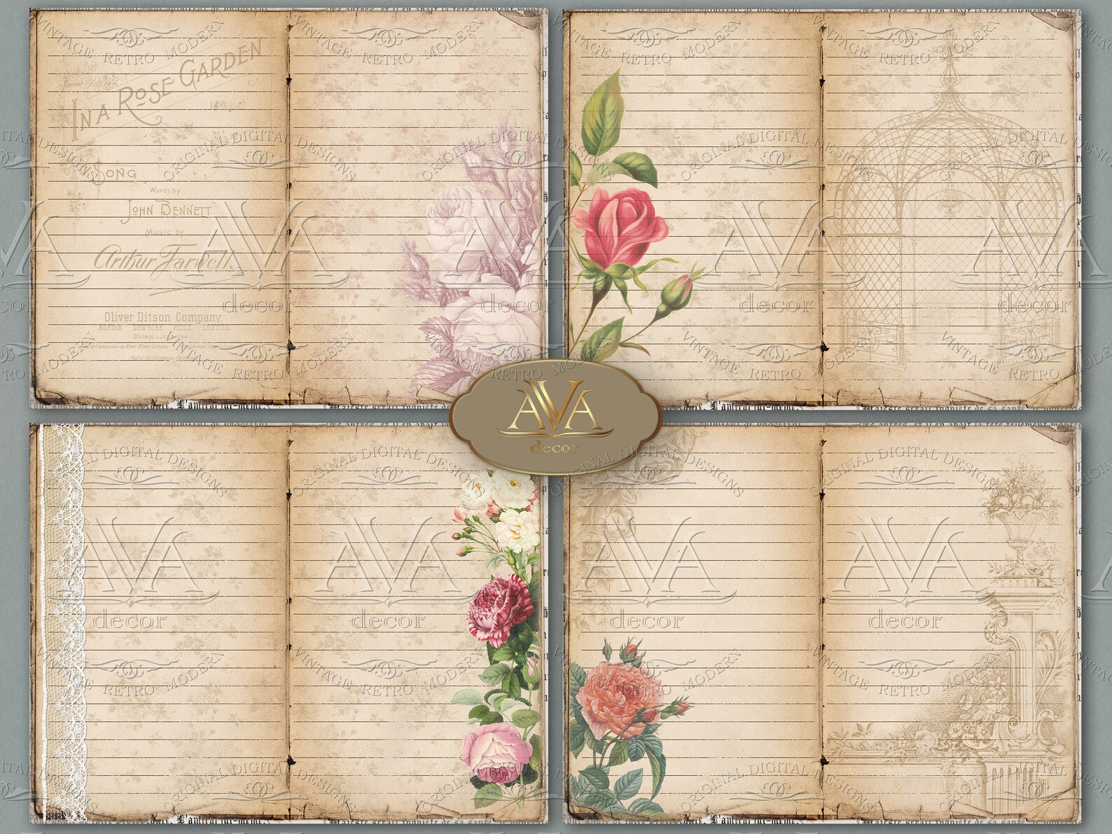 Blank & Lined Journal Pages Printable Rose garden Shabby Pages Etsy