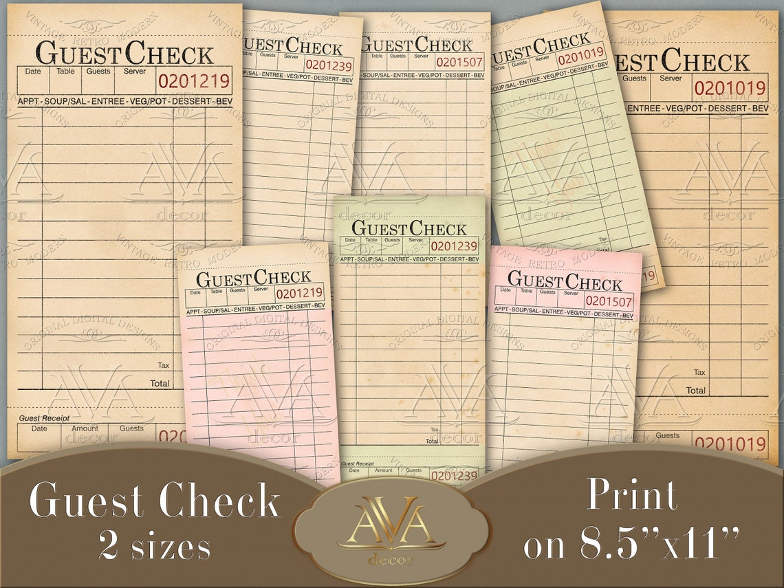 Guest Check Printable Vintage style Journal cards Digital | Etsy