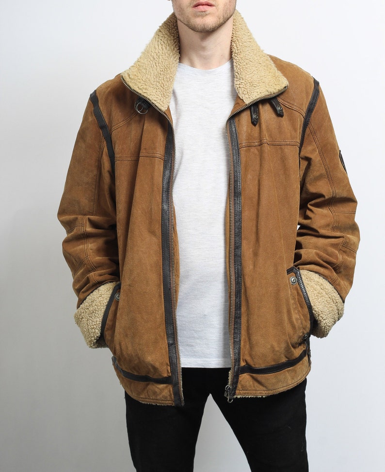 Mens Vintage Leather Sheepskin Aviator Er Jacket Coat