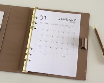 Planificador mensual imprimible A5 2026: Inserciones minimalistas MO1P (PDF)