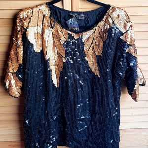 Vintage 1980&#39;s Royal Feelings Silk Black Gold Sequined Beaded Womans Top XL