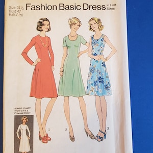 May include: Simplicity sewing pattern number 7027 for a basic dress in half sizes. The pattern includes instructions for three different styles of dresses: a long-sleeved dress with a scoop neck, a short-sleeved dress with a scoop neck, and a sleeveless dress with a scoop neck. The pattern is for a size 24 1/2 with a bust of 47 inches.