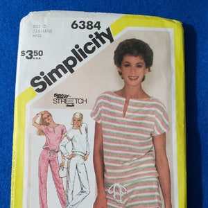 Vintage 80&#39;s Simplicity Pattern 6384 Misses Pullover Top, Pull On Pants and Shorts Size 12-16 {Uncut}