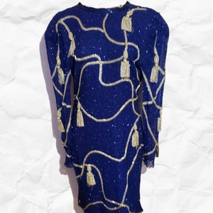 Vintage 1980&#39;s Eves Allure Royal Blue with Silver Beaded Tassels Silk Cocktail Prom Cruise Dress Size Large