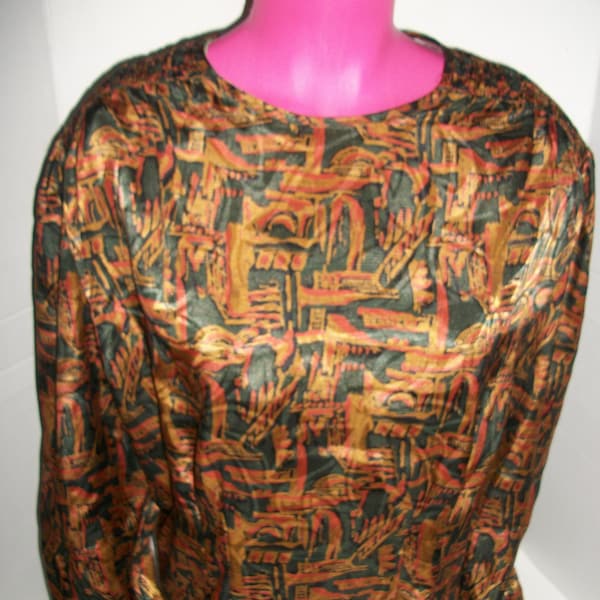 1980's Yves St Clair Green, Red, Gold Abstract Print Blouse ~ Size 12