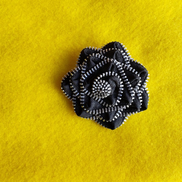 Vintage Black and Silver Rose Hand Crafted From Zipper Brooch Pin